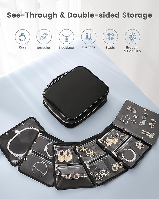 Lolalet Travel Jewelry Organizer Case, Large Jewelry Binder Book with Individual Pouches, Portable Leather Zippered Bag for Jewelry Storage of Earring, Ring & Necklace for Girls, Women -Black