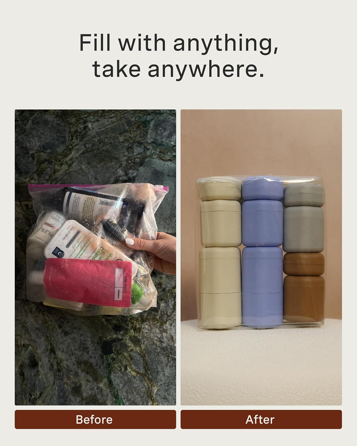 Cadence Travel Containers - Daily Routine Capsule Set - Magnetic Containers with Lids,4 Flex Mediums (1.32oz) & 3 Flex Smalls (0.56oz) - Shampoo, Conditioner, Body Wash, Pills, & More - Eucalyptus