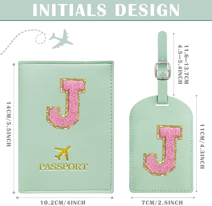 COSHAYSOO Initial Passport Cover Luggage Tag Set Letter Passport Holder Airplane Cruise Travel Essentials Vacation Traveling Accessories Personalized Gifts for Women Teen College Girls Teal J