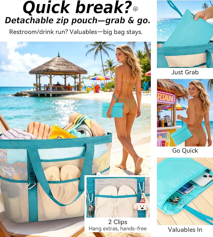 2026 Chic & Spacious XX-Large Beach Bag for Women — Mesh × Canvas Tote with Top Zipper, 11 Pockets, Detachable Pouch | 40L+ Spacious, 11 Tall Pockets, Zipper Pouch, Secure Zip-Top, Sand-Resistant Base