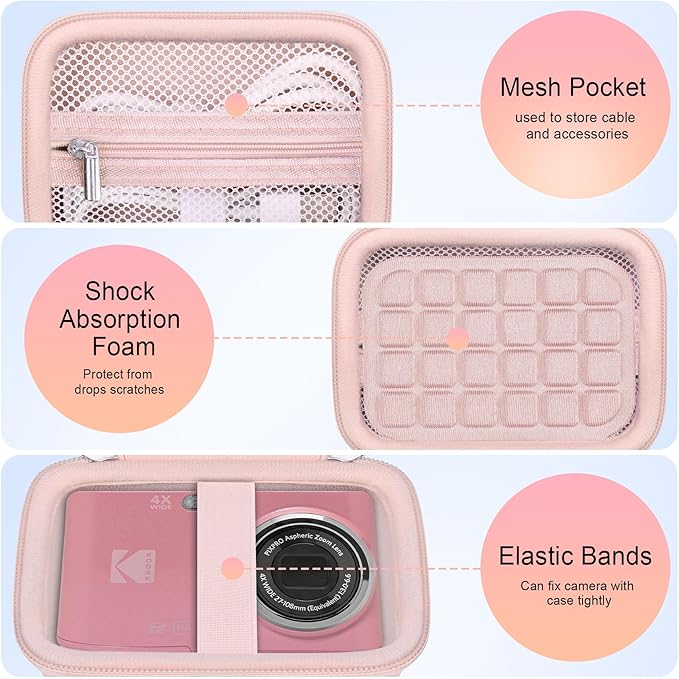 Elonbo Camera Carrying Case for KODAK PIXPRO FZ55 / FZ53 / FZ45 / FZ43 16MP Digital Camera, Vlogging Camera Storage Holder Travel Bag, Mesh Bag Fits Batteries, Cable, Memory Card, Card Reader, Pink