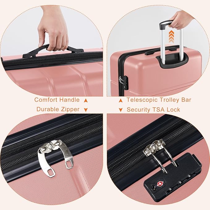Sweetcrispy 3 PCS Luggage Set, Spinner Wheels Lightweight Expandable Travel Hard Shell Suitcase with TSA Lock, Pale Pink(20/24/28 inch)