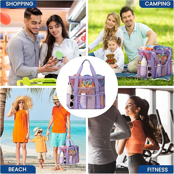 Beach Bag - Mesh Beach Bag Large 8 Pockets, Beach Tote Bag Beach Essentials for Vacation Must Haves