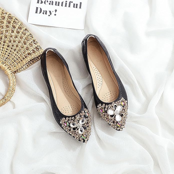 Women Ballet Flats Sparkly Rhinestone Wedding Ballerina Shoes Pointed Toe Foldable Comfort Slip on Flat Dress Shoes