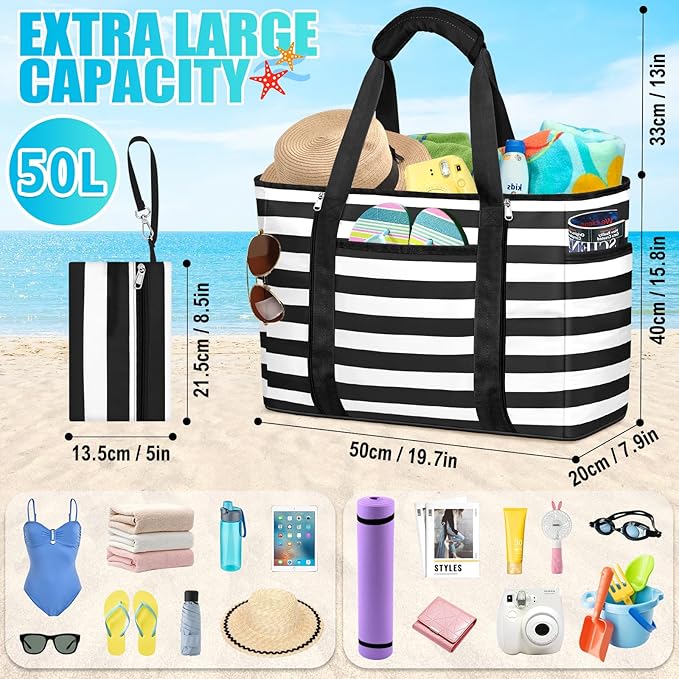 Extra Large Beach Bags for Women, Waterproof Sandproof Beach Tote Bag Foldable Swim Pool Bag with Zipper and Wet Pocket