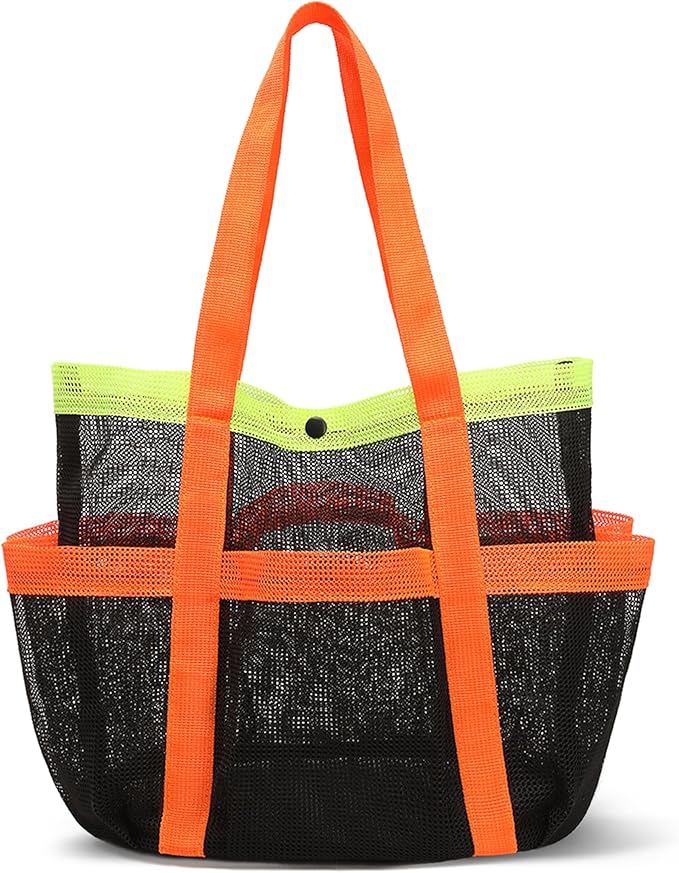 Mesh Beach Bag, Foldable Waterproof Sandproof Beach Storage Tote with 6 Pockets, Swim Tropical Vacation Pool Essential