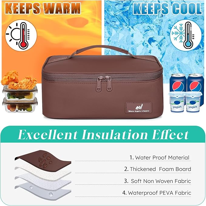 NOL Natural Organic Lifestyle Insulated Lunch Bag for Adults – Compact Cooler Lunch Box with Food-Grade Lining, Waterproof Lunch Bag for Work, Travel | Portable Thermal Meal Tote with Handle, Coffee