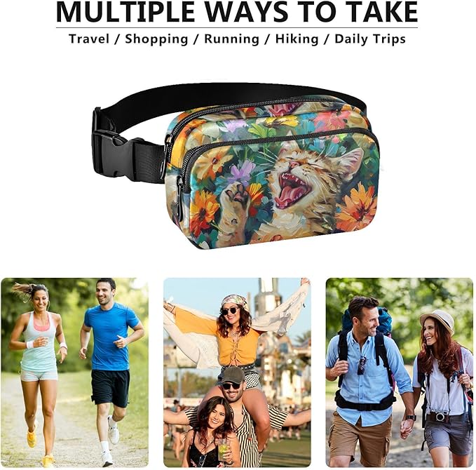 Cat Flower Oil Painting Fanny Pack for Women Men Water Resistant Fashion Waist Packs with Adjustable Strap Belt Bag for Travel Workout Jogging Hiking 21220497