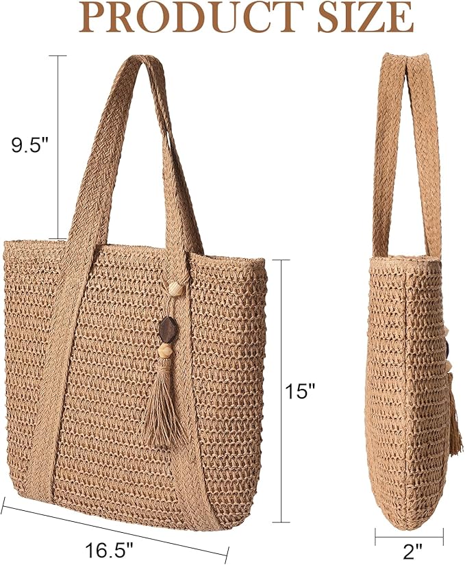 Pleneal Straw Beach Bags for Women - Women Beach Handmade Woven Tote Bag, Summer Mesh Hollow Shoulder Bag for Holiday
