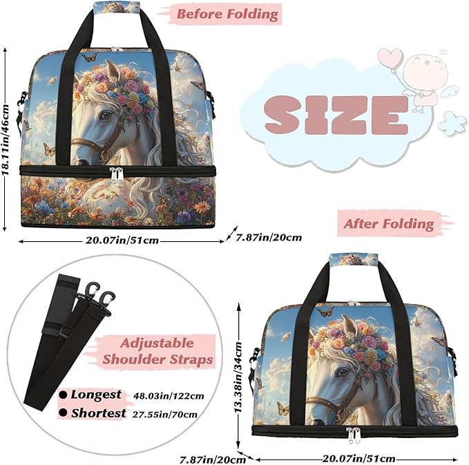 Foldable Travel Duffel Bag for Women - Carry on Personal Item Bag with Shoes Compartment, Weekender Overnight Duffle Bags Sport Tote Gym Luggage for Airplanes Traveling(Flower Horse)