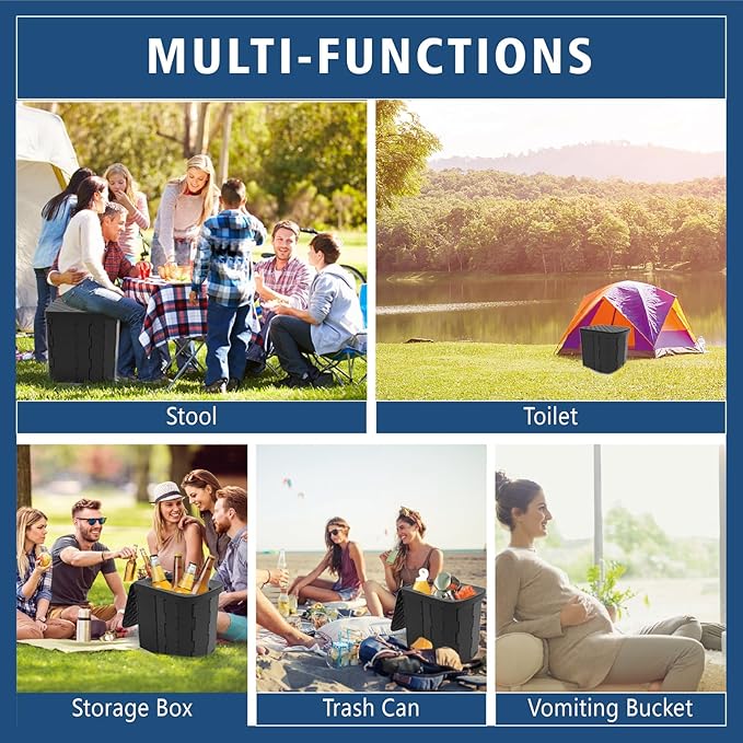 XL Portable Folding Camping Toilet - Travel Potty for Adults, 12 Toilet Bags, 12 Pack Liquid Waste Gel, Black