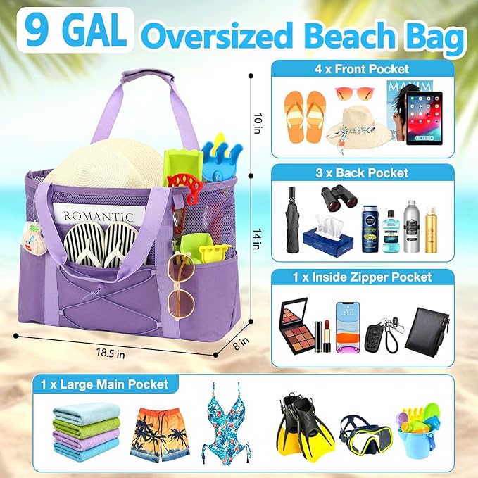 Mesh Beach Bag, Large Beach Tote with Zipper Pocket, Toys Pool Bag for Family Travel Vacation Cruise Essentials