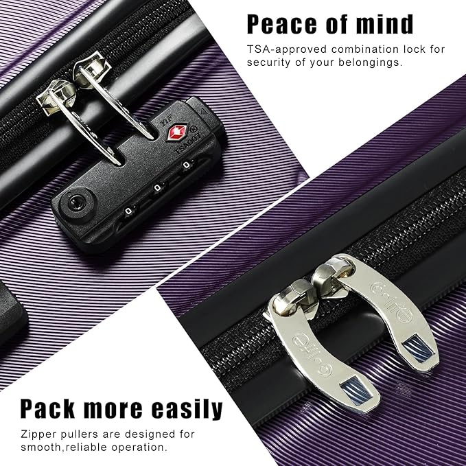 Coolife Luggage Suitcase Carry-on Spinner TSA Lock USB Port Expandable (only 28’’) Lightweight Hardside Luggage (Purple, M(24in))