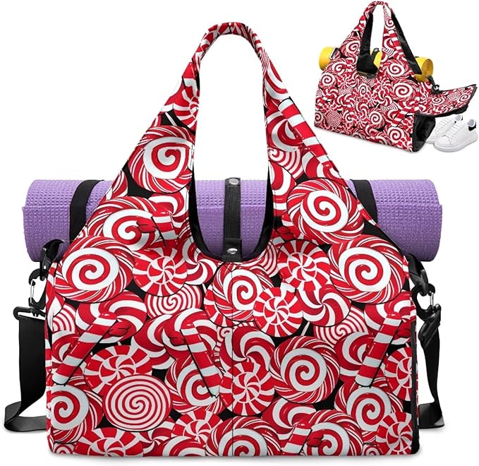 Christmas Candy Cane Gym Bag for Women with Shoe Compartment Personal Item Bags Fitness Workout Overnight Weekender Duffle Bag for Travel Carry On Christmas Outfits Gifts Decor