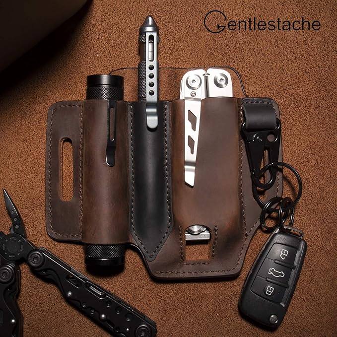 Gentlestache Multitool Sheath for Belt, Leather EDC Pocket Organizer for Men, Leatherman Sheath with Pen Holder, Key Fob, Flashlight Sheath, EDC Leather Pouch Dark Brown