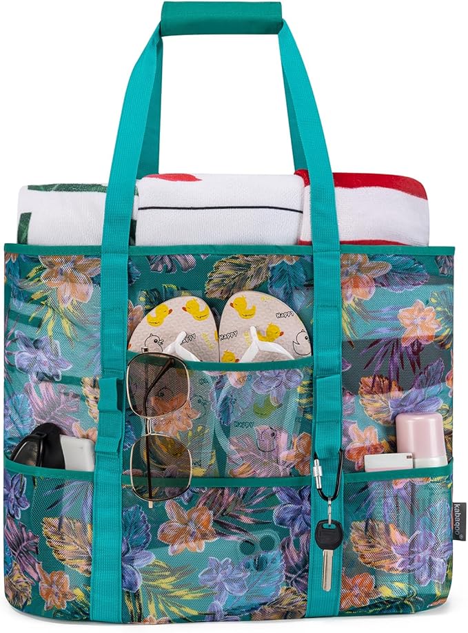 KABAQOO Mesh Beach Bag, Extra Large Beach Bags with 9 Pockets & Zipper Waterproof Lightweight Beach Tote for Beach/Pool Trip | Extra Large, 9 Pockets, Zipper, Waterproof, Lightweight, Beach/Pool Trip