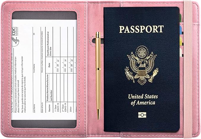 HerriaT Passport and Vaccine Card Holder Combo,Cover Case with CDC Vaccination Card Slot, Leather Travel Documents Organizer Protector, with RFID Blocking, for Women and Men