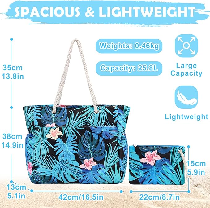 Kasqo Beach Bags for Women, Large Waterproof Beach Bag Tote Zipper Swim Pool Bag with Small Pouch for Grocery Travel Vacation