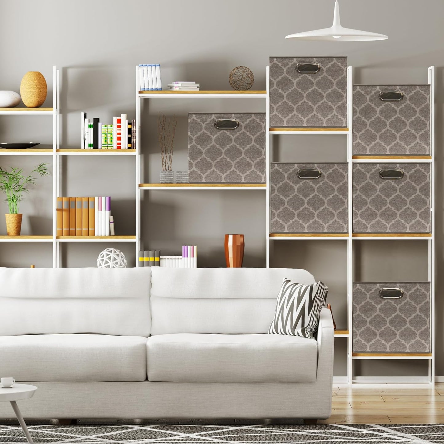 SIMPLE HOUSEWARE 11-Inch Collapsible Fabric Cube Storage Bin with Handles, Printed Design, 6 Pack, Beige