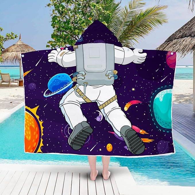 Spaceman Hooded Beach Towel for Boys, Soft & Absorbent Universe Spaceman Poncho Towel, 30”x50” Cool Cartoon Spaceman Bathrobe for Kids, Quick Dry Swim, Pool, and Bath Time