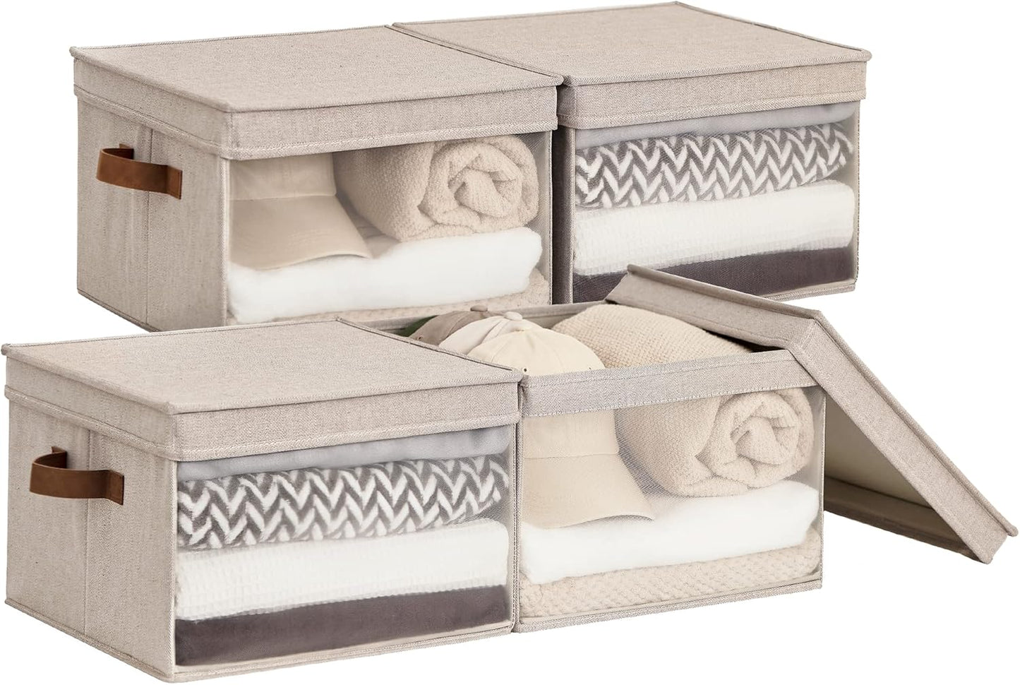 StorageWorks Storage Bins with Lid and Clear Window, Fabric Storage Boxes with Lids, Stackable Basket for Shelves, Closet Organizer and Storage Bins, Brown and Beige, Large, 4-Pack