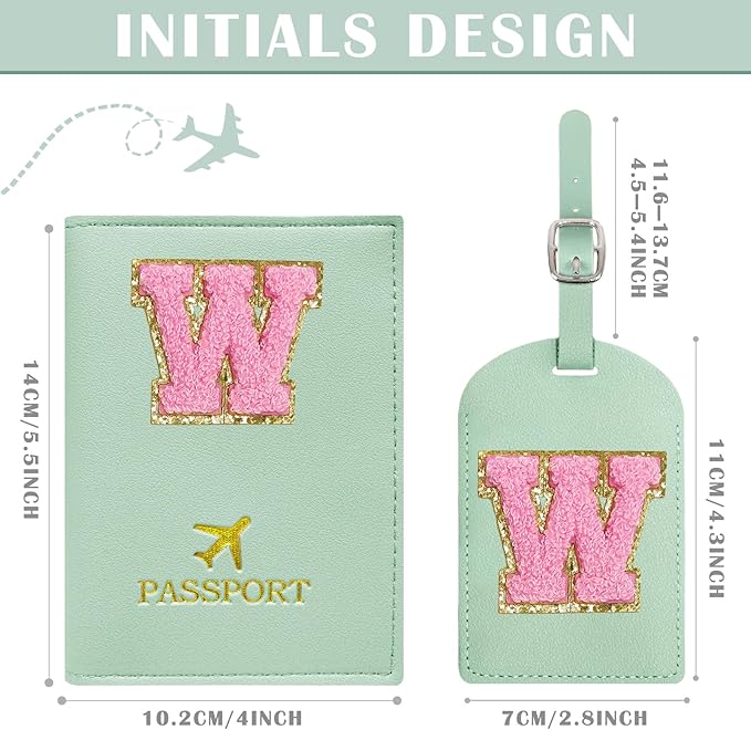 COSHAYSOO Initial Passport Cover Luggage Tag Set Letter Passport Holder Airplane Cruise Travel Essentials Vacation Traveling Accessories Personalized Gifts for Women Teen College Girls Teal W