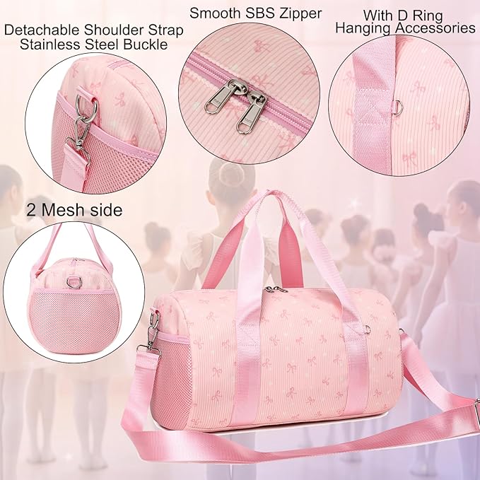 Dance Ballet Bag for Girls Small Duffle Ballerina Bags with Waterproof Dry Wet Separated Compartment Corduroy Bow Dance Bag for Girls 4-6 Pink