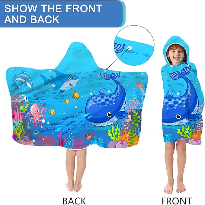 Bonsai Tree Blue Sea World Hooded Beach Towel for Kids, Cute Bath Towel with Hood, Boy Microfiber Super Absorbent Soft Poncho Bathrobe for Swin Pool 30”x50”