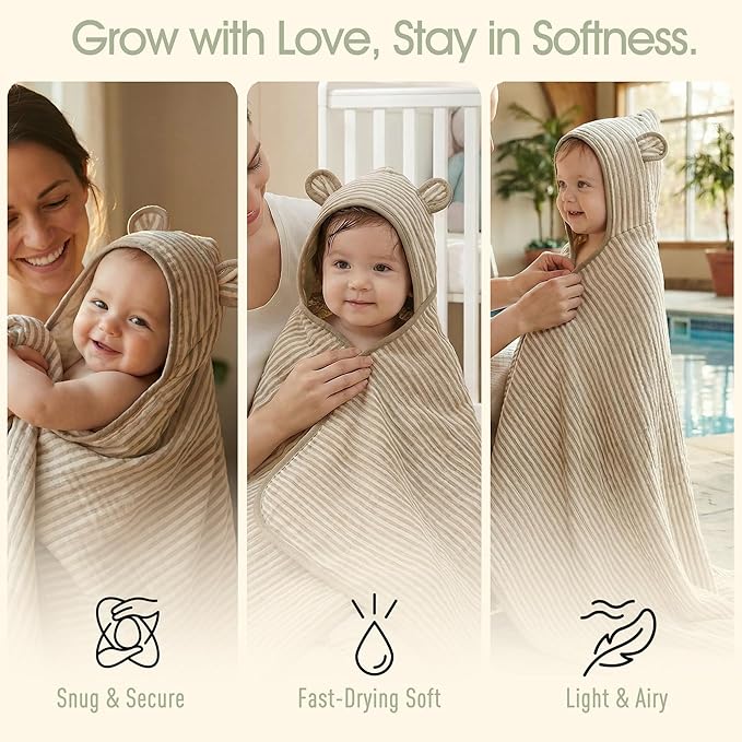 Ultra-Soft Muslin Toddler Hooded Towel – 55 x 28 Inches, Made with Organic Cotton, Gender-Neutral Warm Brown Striped Jacquard Pattern, Ideal for Bath & Beach, Newborn to Toddler