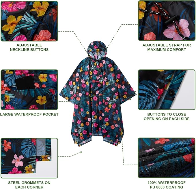 Hooded Rain Poncho for Adults - Waterproof Rain Coat and Lightweight Jacket 3-in-1 Multi-Function with Pockets