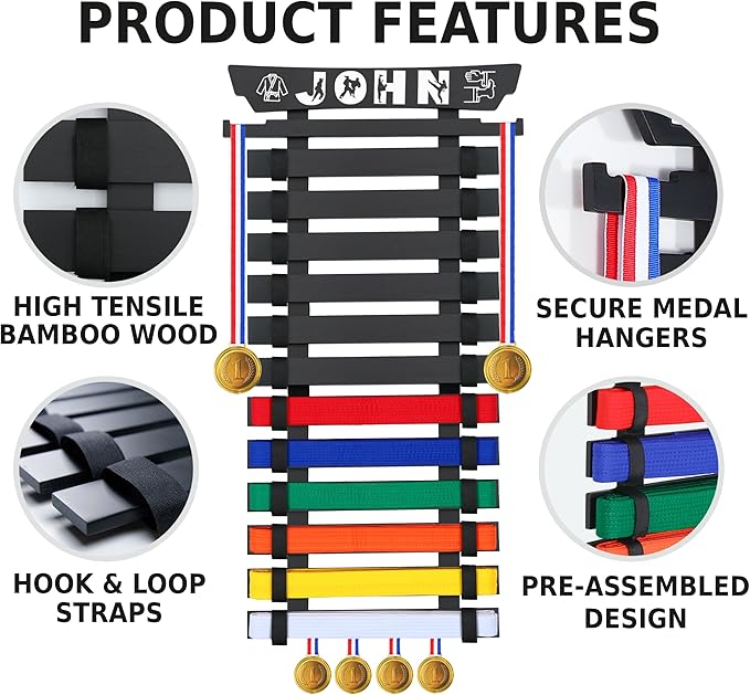 10/12 Belts Karate Belt Display Rack, Pure Bamboo Wood, Themed Stickers, Medal Hangers - Taekwondo Belt Display, Jiu Jitsu, BJJ, Martial Arts