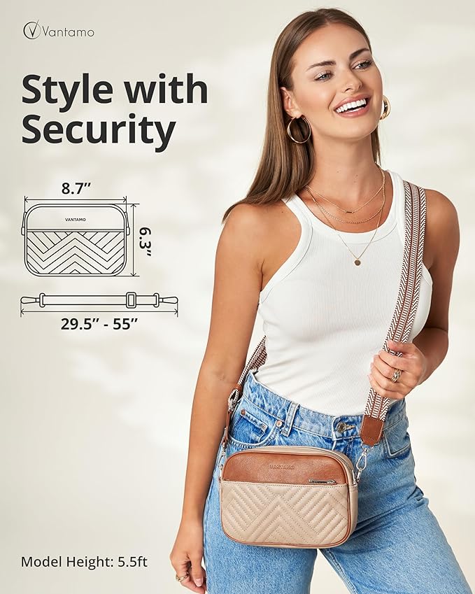 Vantamo Premium Quilted Crossbody Bags for Women with Anti-Pickpocket Clip, Vegan Leather Handbags, Travel Purses for Women