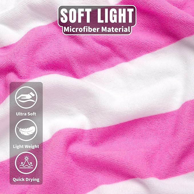 cabanana Large Oversized Beach Towel - Microfiber Sand Free 35 x 70 Inch Quick Dry Lightweight Pool Towel for Adults, Thin Striped Swim Towel (Pink White)