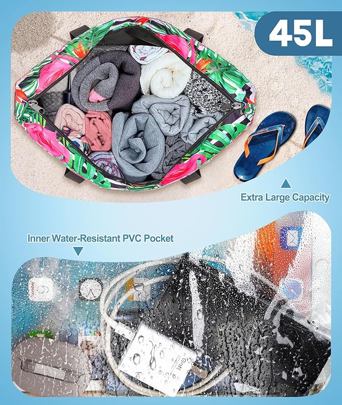 Extra Large Beach Bag Waterproof Beach Totes Bags for Women, Lightweight Foldable Pool Bag with Zipper Wet Compartment