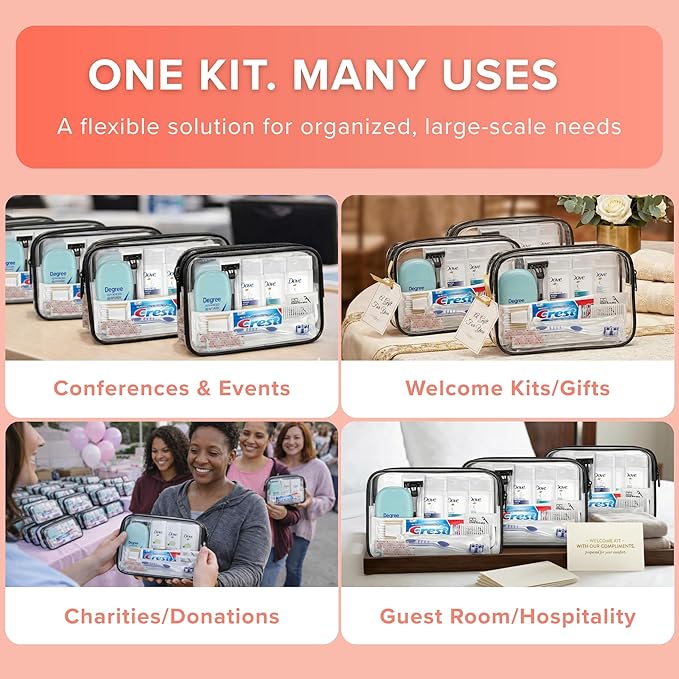 Trektote 12-Piece Women’s Travel Hygiene Kit with Toiletries & Grooming Essentials, TSA-Compliant, Clear Cosmetic Bag, Available in Bulk