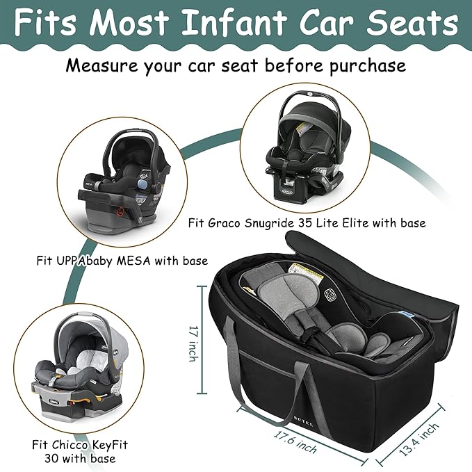 Car Seat Travel Bag Fit Graco SnugRide 35 Lite and Base, Chicco KeyFit 30 and Base, Car seat Bags for Air Travel, Padded Infant Carrier Bag with side pocket and Protective Feet, Extra small Bag
