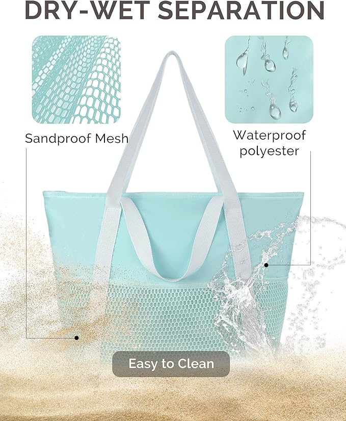 HOMESPON Beach Bag Large Waterproof Sandproof Foldable Tote for Women with Zipper Mesh Pockets for Pool Swim Travel Everyday