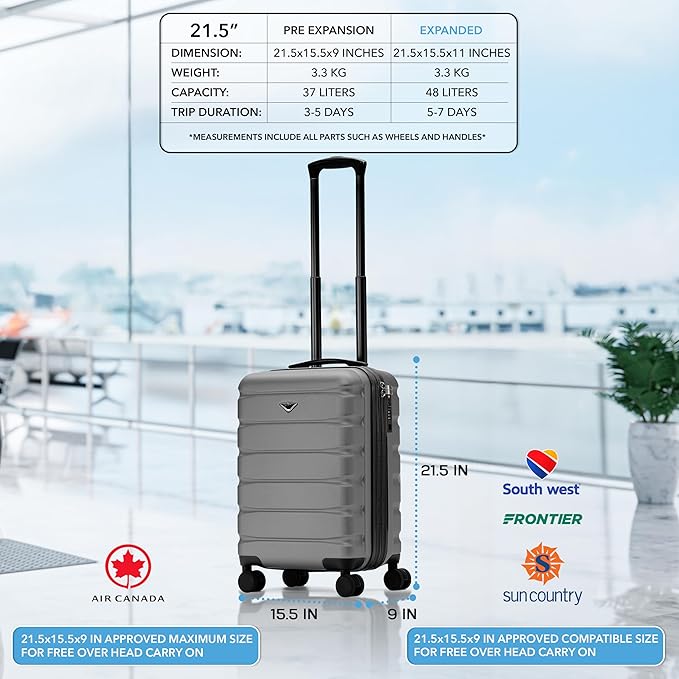 Flight Knight 21.5x15.5x9 Expandable Carry On Suitcase Hardside TSA Lock & USB C Port Lightweight Luggage Silent Double Spinner Wheels Maximum Canada Air Overhead Bag Airlines Approved Charcoal