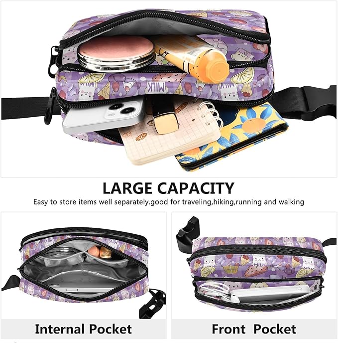 Kawaii Cat Bear Milk Cake Plaid Fanny Pack for Women Men Water Resistant Fashion Waist Packs with Adjustable Strap Belt Bag for Travel Workout Jogging Hiking 21219473