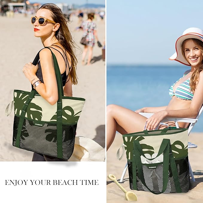 Large Beach Bag with Zipper-8 Pockets Sandproof Beach Tote Bag for Women,Foldable Lightweight Family Swim Bag Vacation