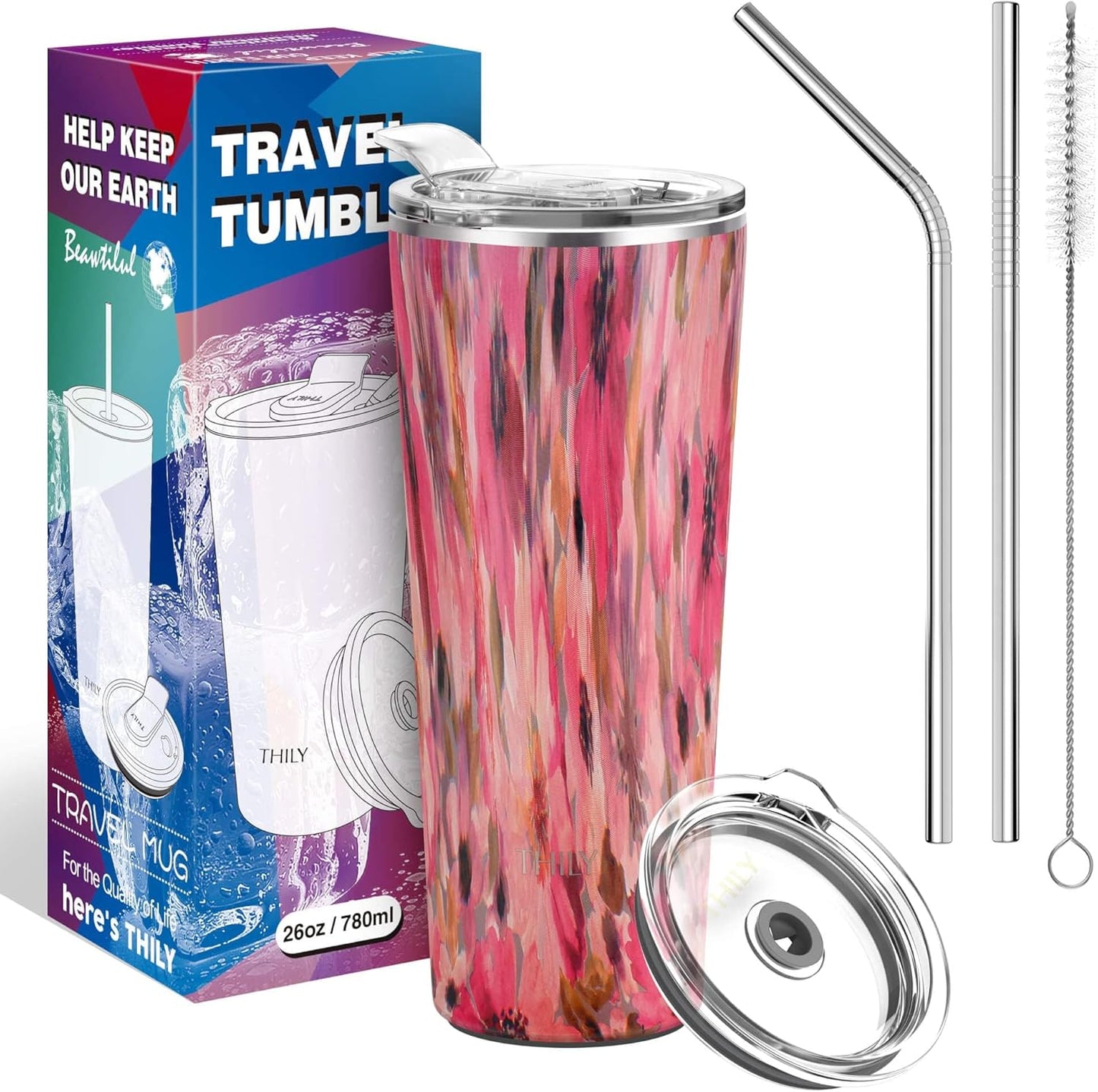 THILY Vacuum Insulated Stainless Steel Tumbler Travel Mug 26 oz Coffee Cup with 2 Lids and Straws, Splash Proof, Reusable, Keep Iced Drinks Cold, Watercolor Flower