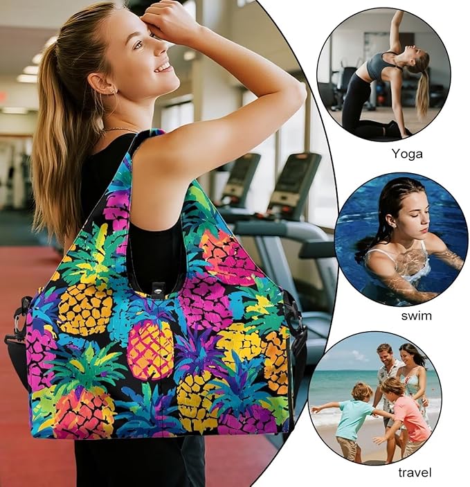 Gym Bag Women with Yoga Mat Holder Strap, Pineapple Gym Duffle Bag with Shoes Compartment, Wet Pocket, Gym Backpack Carring Workout Stuff Accessories