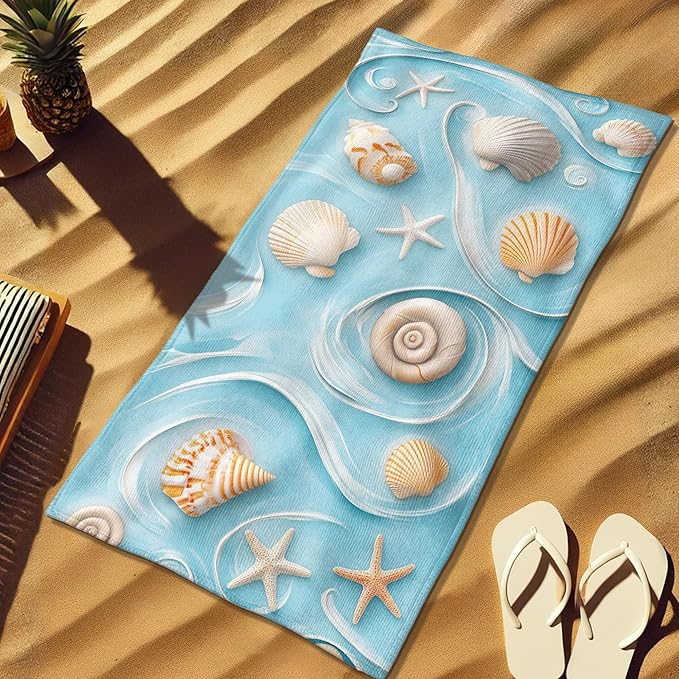 Ocean-Themed Microfiber Beach Towel Light Blue Beach Shells Design, Quick Dry Absorbent Sand Free Lightweight Travel Essentials, Perfect for Pool Gym Vacation Camping 62x31 Inch