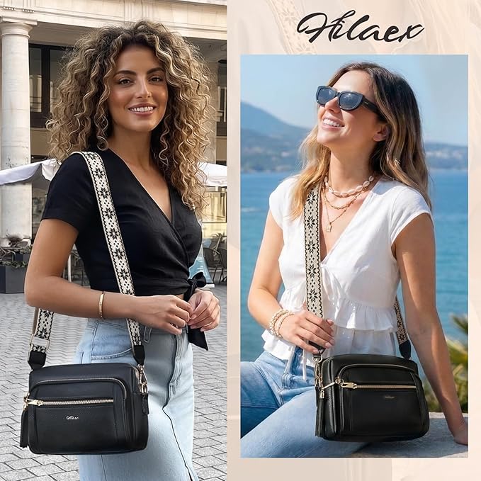 Small Leather Crossbody Bags for Women Anti theft Purses and Handbag Shoulder Hangbag with Wide Strap Tassel