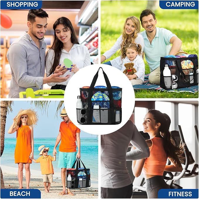 Beach Bag - Mesh Beach Bag Large 8 Pockets, Beach Tote Bag Beach Essentials for Vacation Must Haves