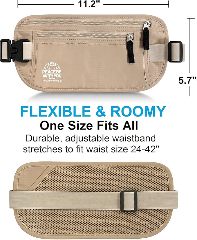 Hidden Money Belt for Travel, RFID Blocking, Sweat-Proof, Heavy-Duty Buckle, 3rd Gen Waist Wallet Anti Theft to Protect Cash, Credit Cards and Documents Under-Clothes for Men & Women, Beige
