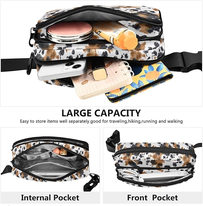 Brown Black Cow Print Fanny Pack for Women Men Water Resistant Fashion Waist Packs with Adjustable Strap Belt Bag for Travel Workout Jogging Hiking 21219298