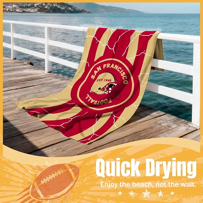 2 Pack Football Fan Thin Lightweight Microfiber Beach Towel San Francisco Themed Sand Free Oversized Quick Dry Towels Men Women Gear 49er Team Dad Husband Guy Him Xmas Father Gag Funny