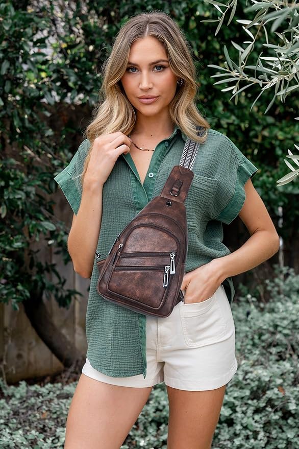 7L Crossboydy Sling Bag for Women Vegan Leather Crossbody Purse Fanny Pack Chest Bag for Travel,Coffee