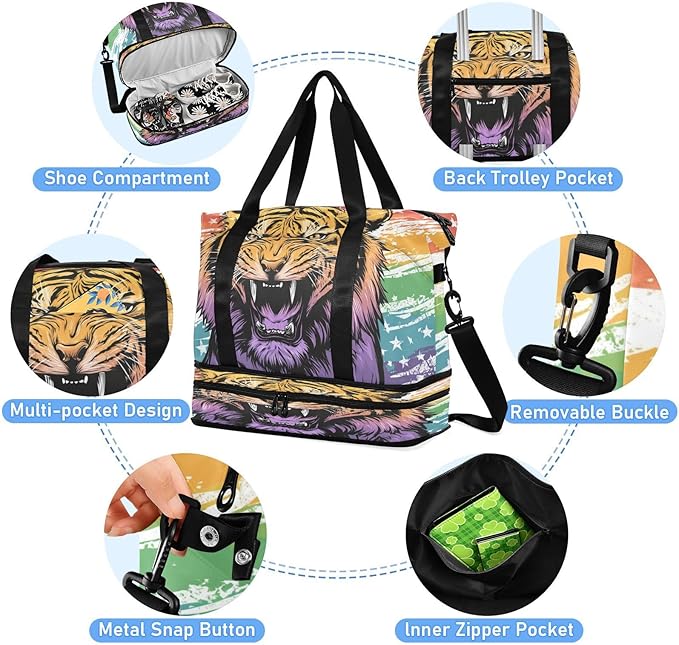 Travel Duffel Bags for Women Cool Tiger Head Sports Duffel Bags Gym Bags with Shoes Compartment Tote Bag Weekender Bag for Travelling